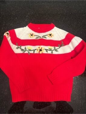 Vintage Red Knit kids Sweater with Floral Embroidery
